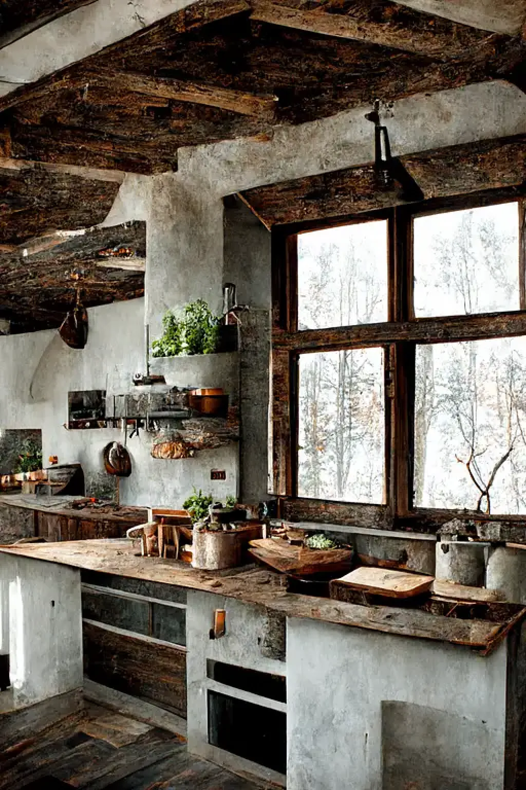 a rustic kitchen with large mo【Midjourney中国】