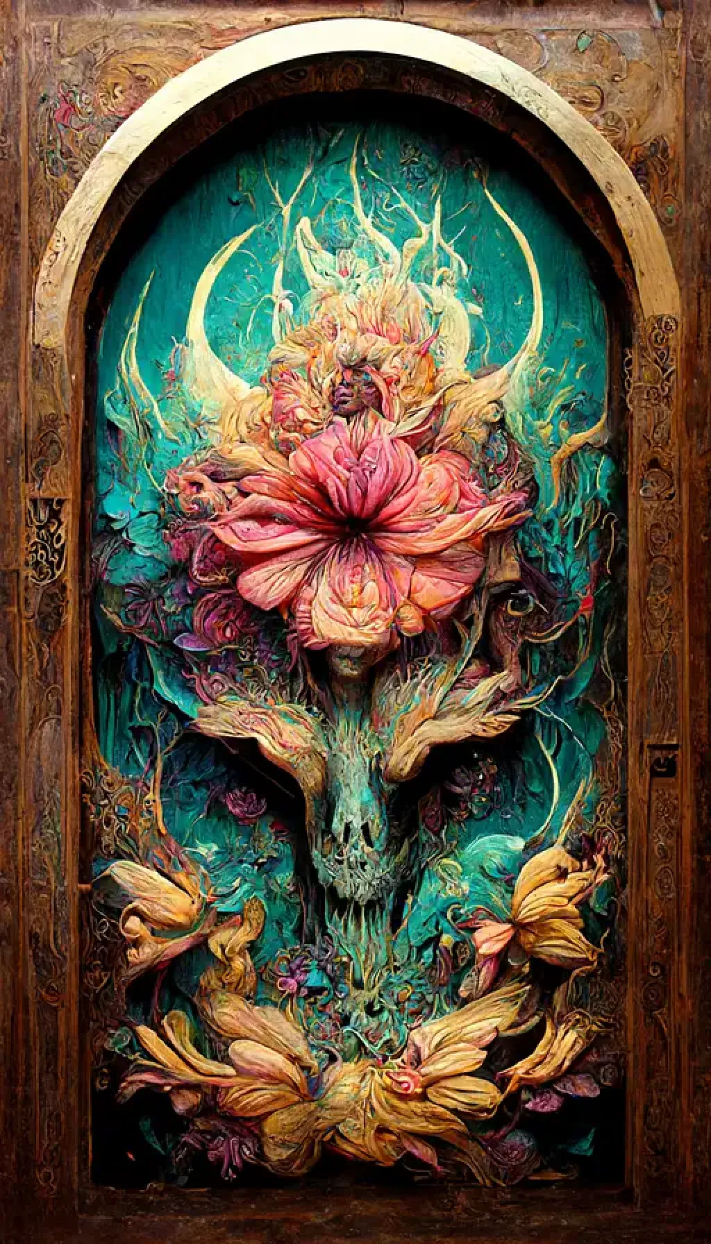 Painted wood relief carving of【Midjourney中国】