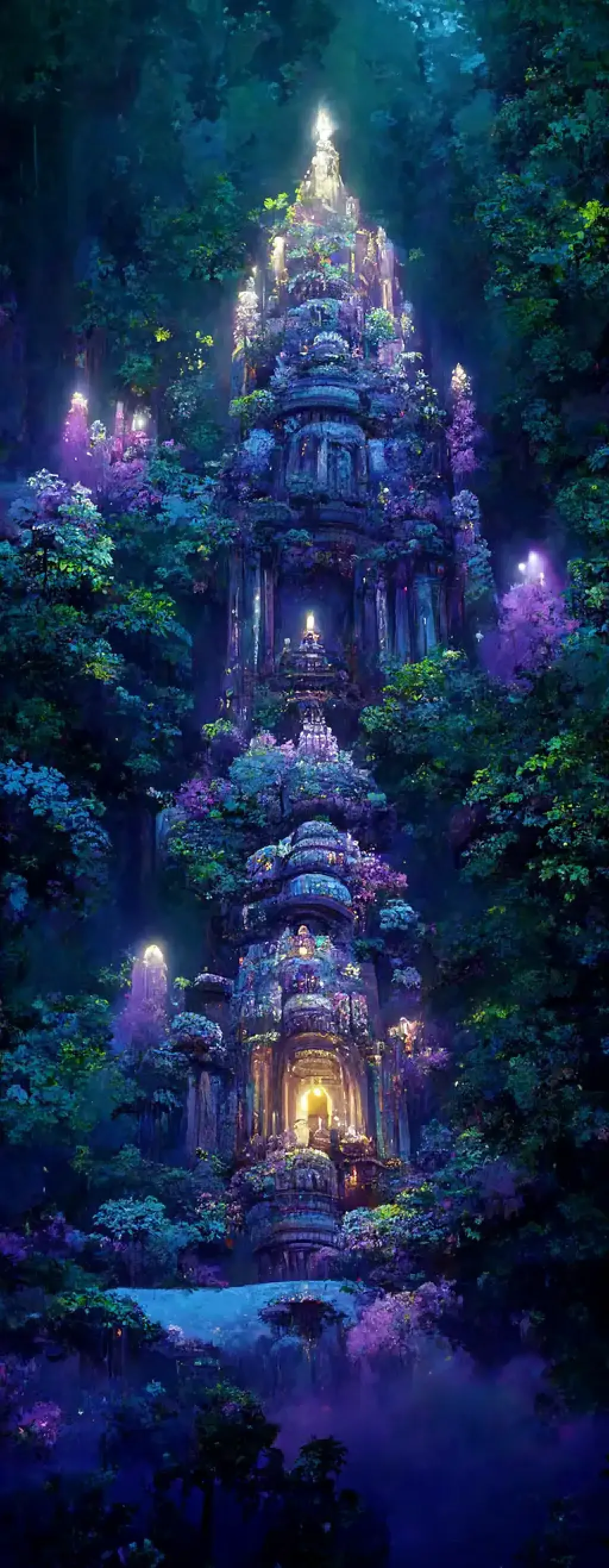 A giant forest temple at night midjourney 